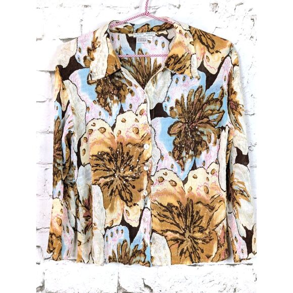 ALBERTO MAKALI Crushed Crinkle Sequined Stretch Shirt Psychedelic Artsy Medium - Picture 1 of 8